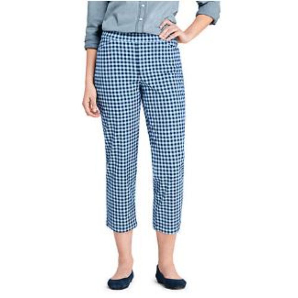 Lands' End Blue Check Cropped Pants Pull On Mid Rise Elastic Waist Size 12P